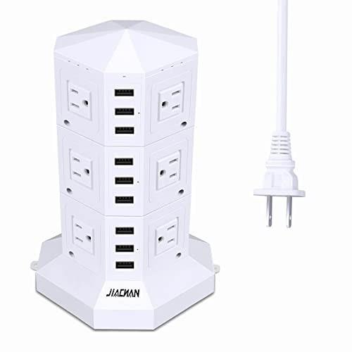 JIACHAN 電源タップ タワー式 9個USB 12個コンセント 約3ｍ 急速充電 掛ける可能 3段 ホワイト (3層， 白)