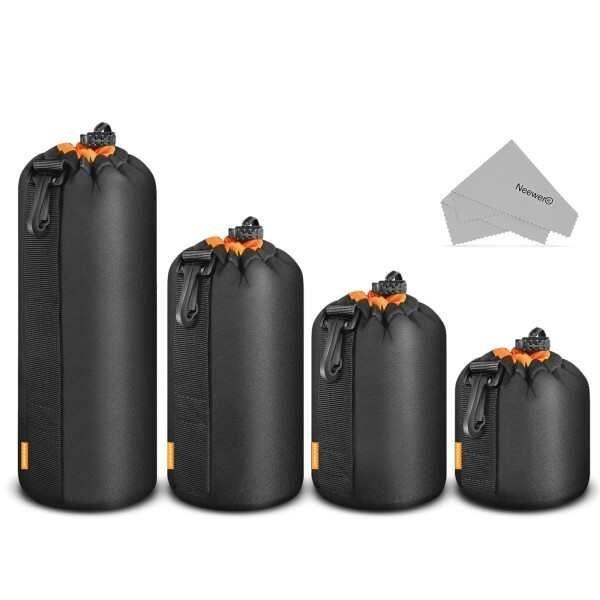 Neewer カメラレンズ用ポーチ袋4個、4サイズ厚い保護バッグ 巾着デザイン オレンジ内装 ソフトぬいぐるみネオプレンバッグ Sony、Ca