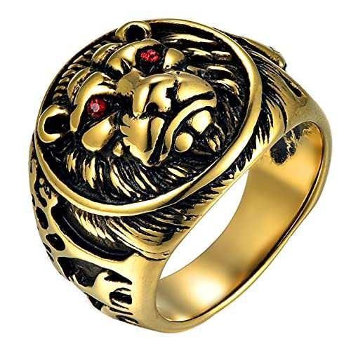 ゴールド_11 [Flongo] メンズ リング シンプル指輪 ステンレス指輪 ししの頭 復古 個性 両手 ガッコいい ヒップホップ シンプル ファッシ